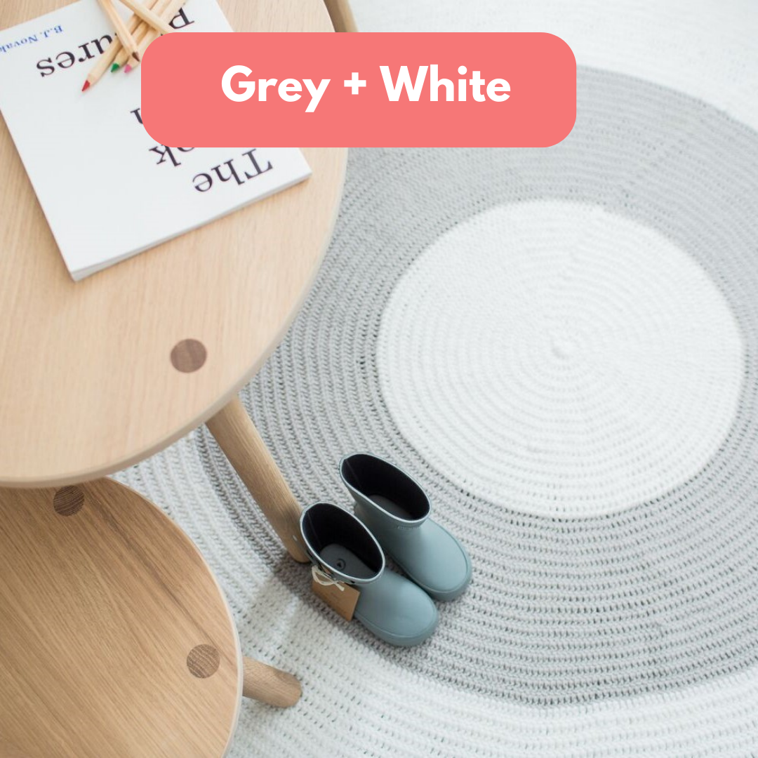 Nursery Round Crochet Rug - Grey + White