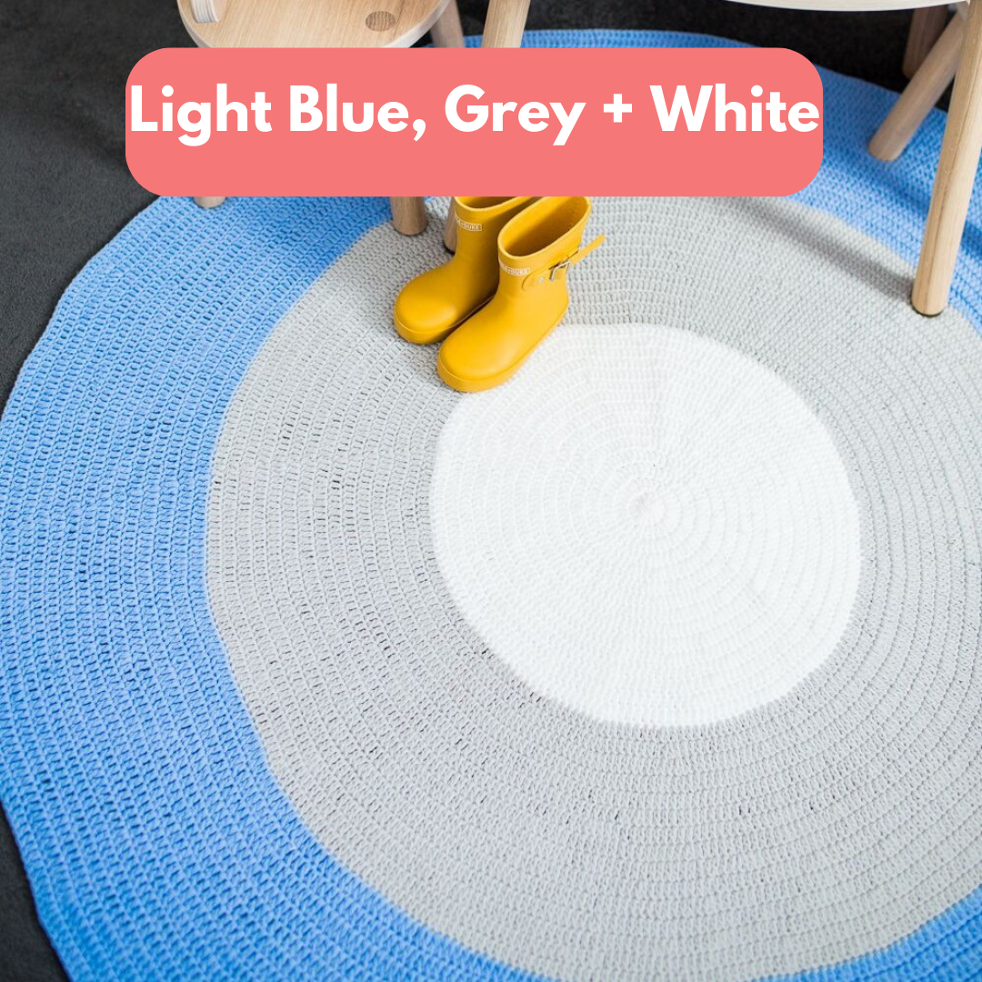 Crochet Rug - Pastel Blue, Grey + White