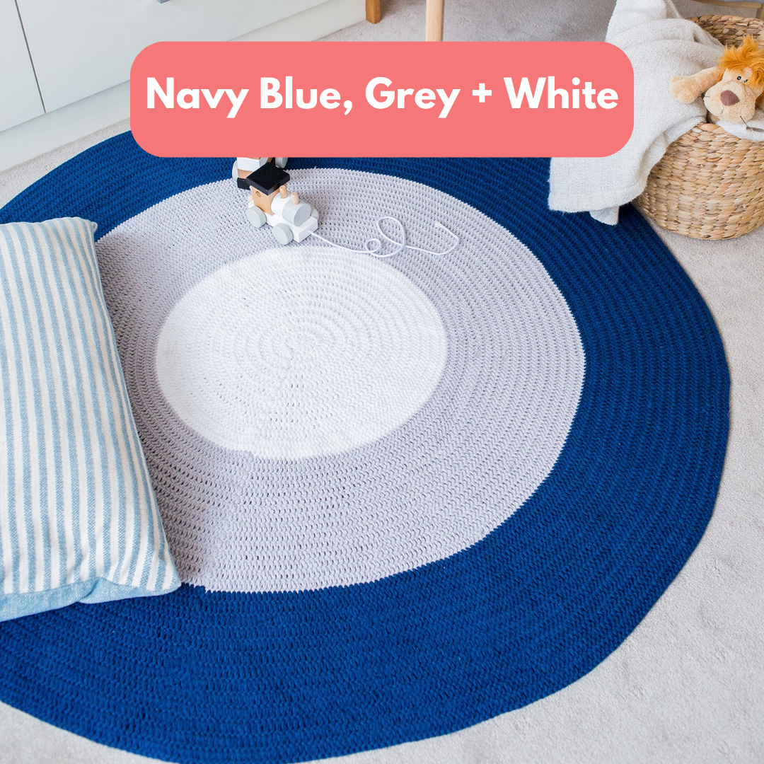 Crochet Rug - Navy Blue, Grey + White