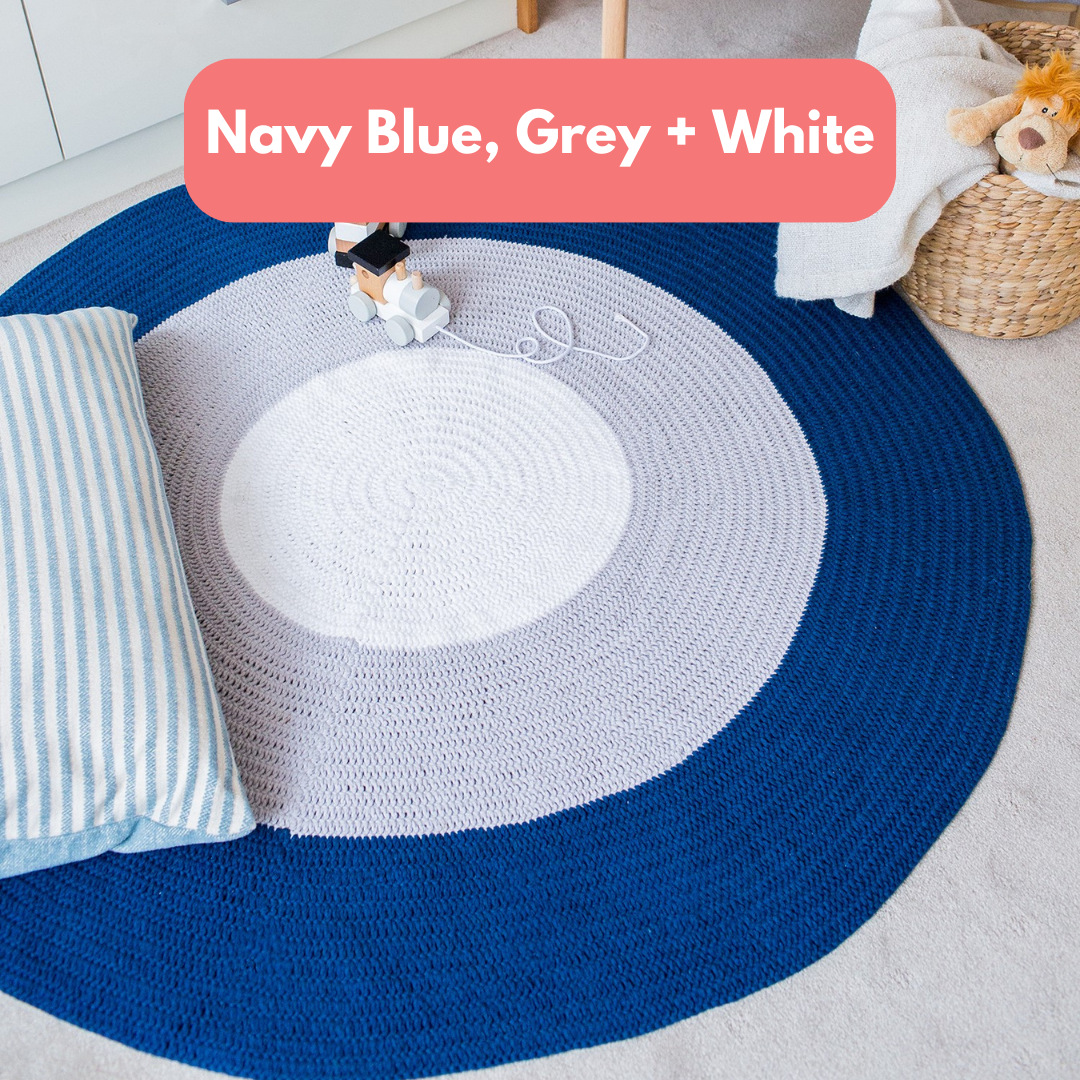 Nursery Round Crochet Rug - Navy Blue, Grey + White