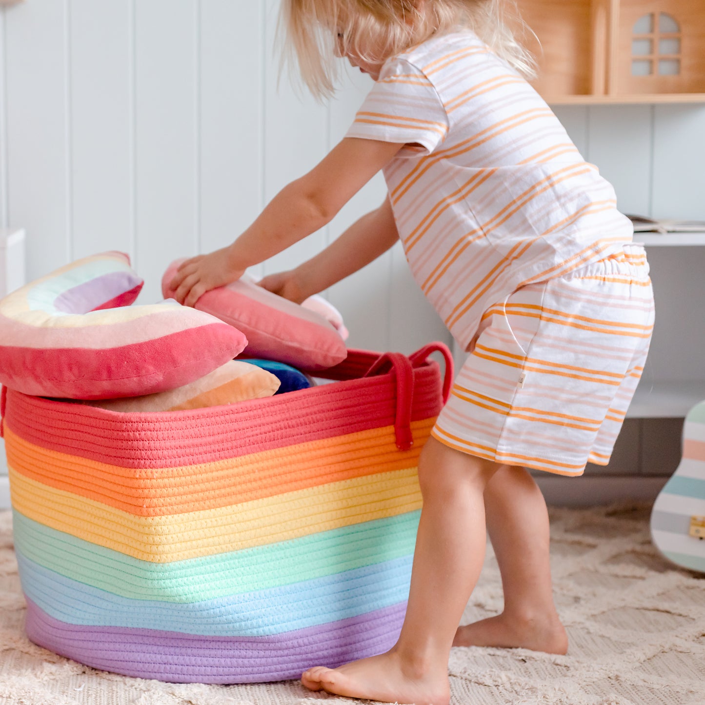 Bundle Buy - Rainbow Cotton Rope Basket + Rainbow Cushion