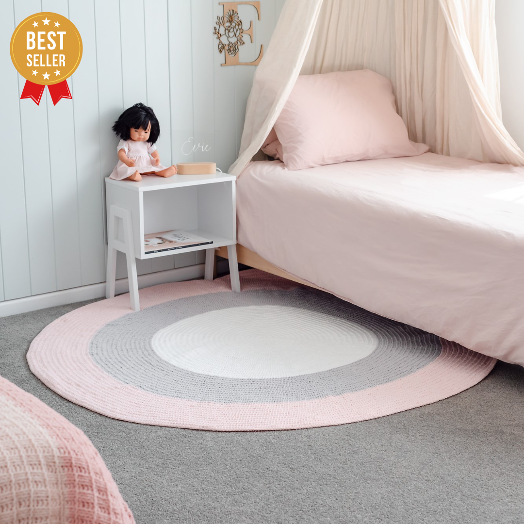 Nursery Round Crochet Rug - Blush Pink, Grey + White