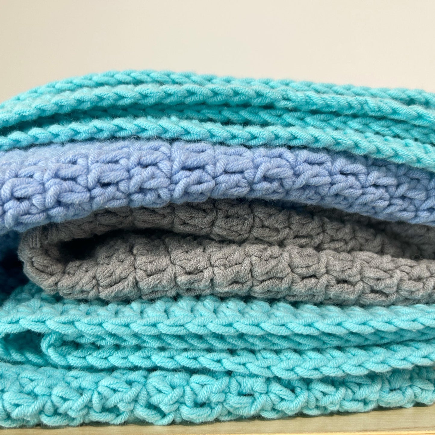 Nursery Round Crochet Rug - Mint, Blue + Grey