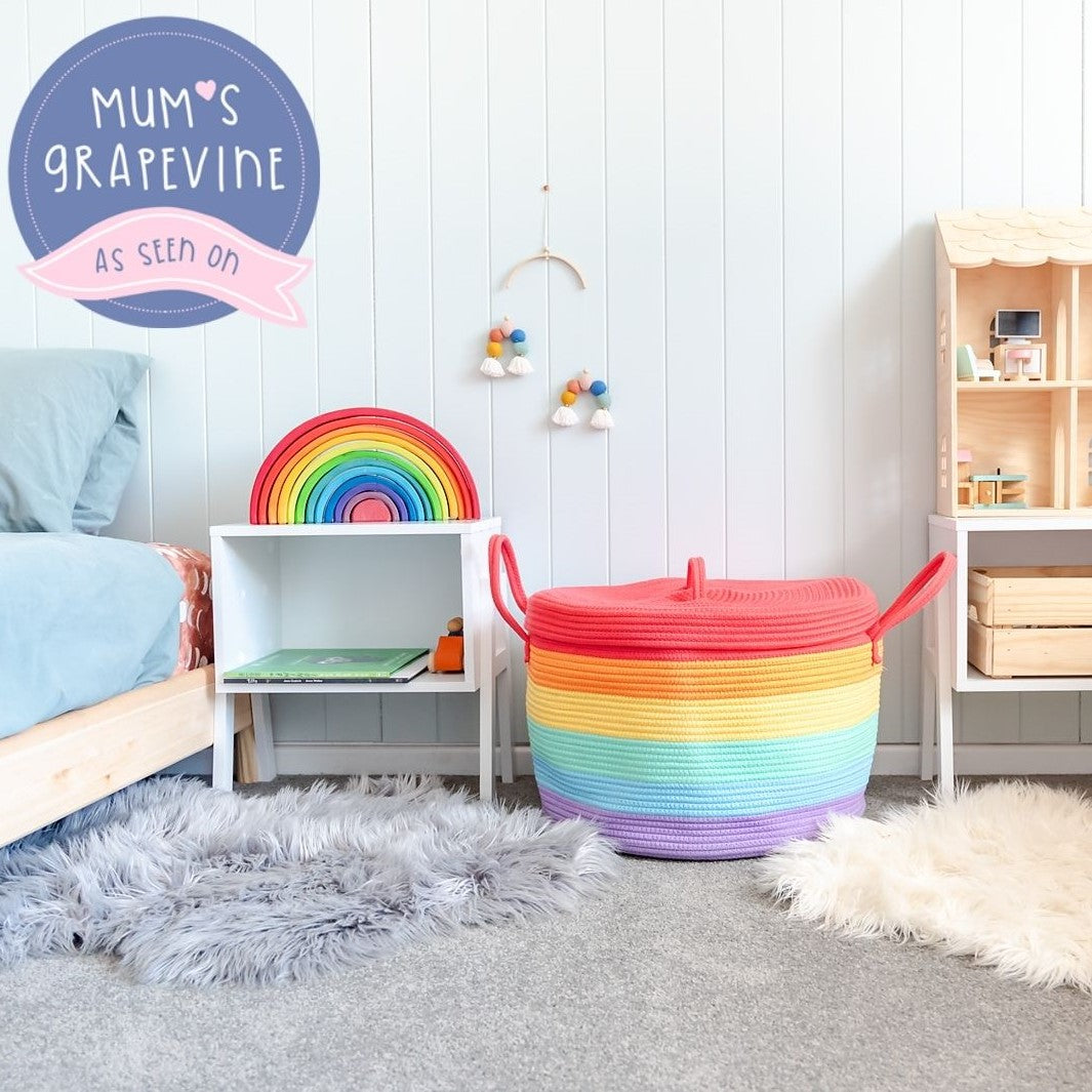 rainbow toy storage basket in toyroom