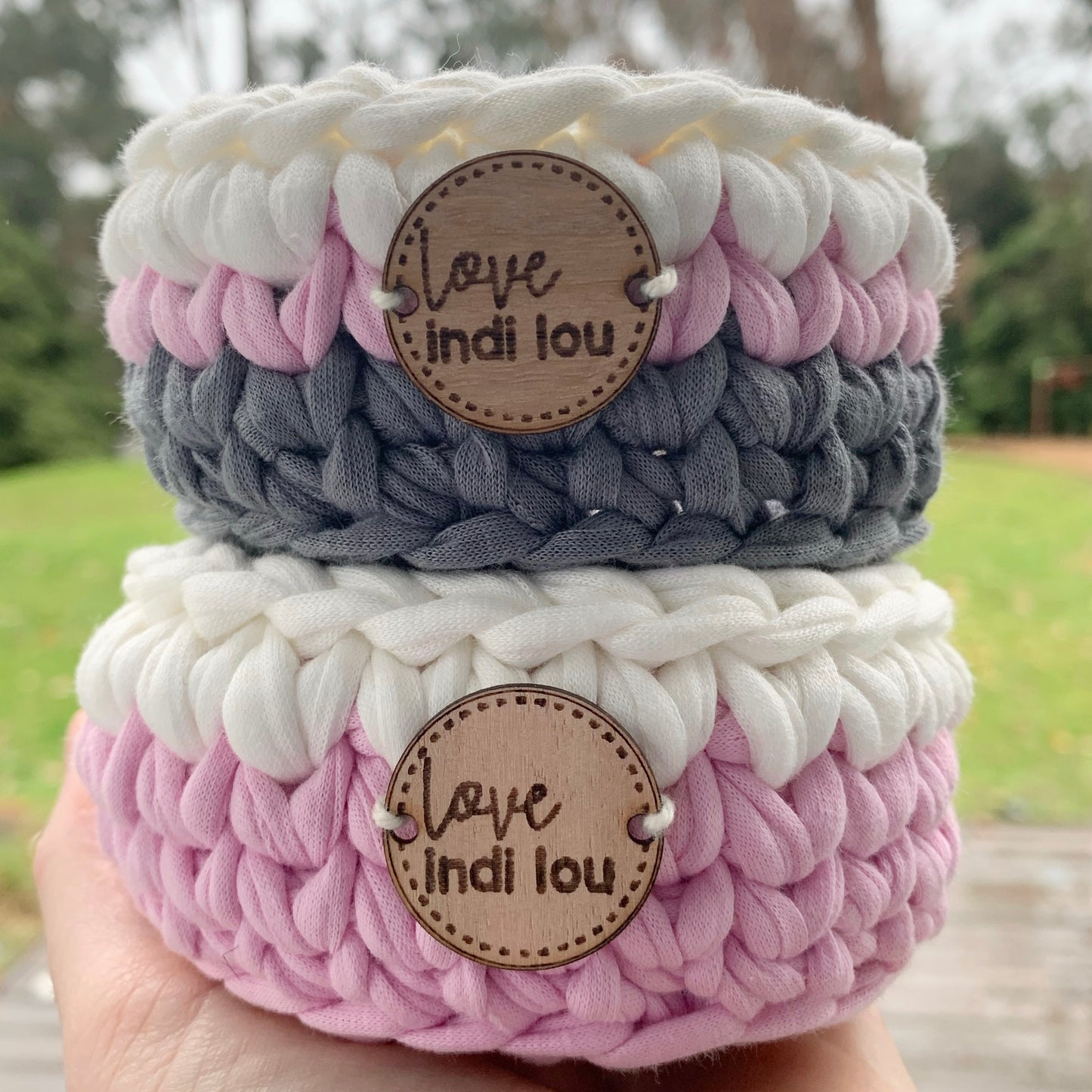 Crochet Storage Basket - Pink + White