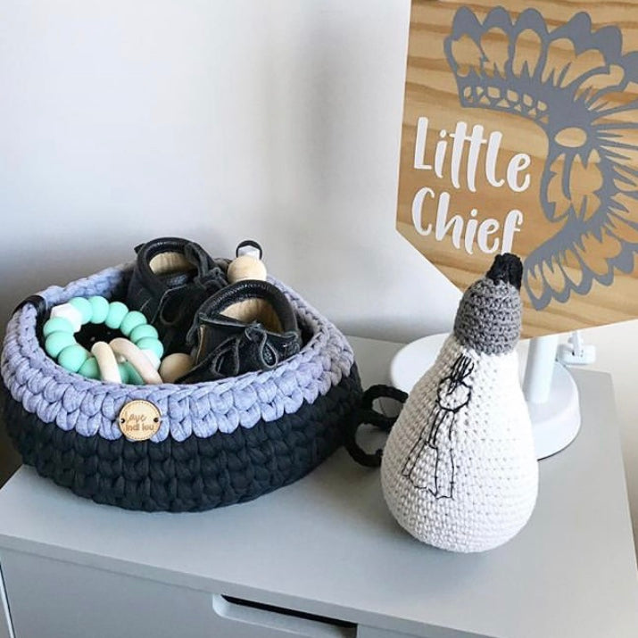 Crochet Storage Basket - Navy Blue + Grey