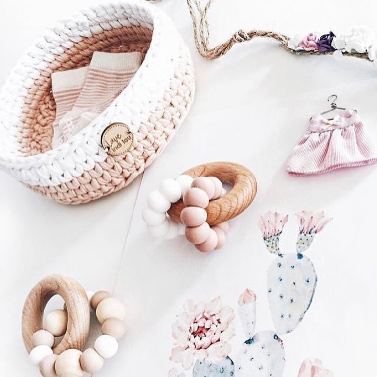 Crochet Storage Basket - Pink + White