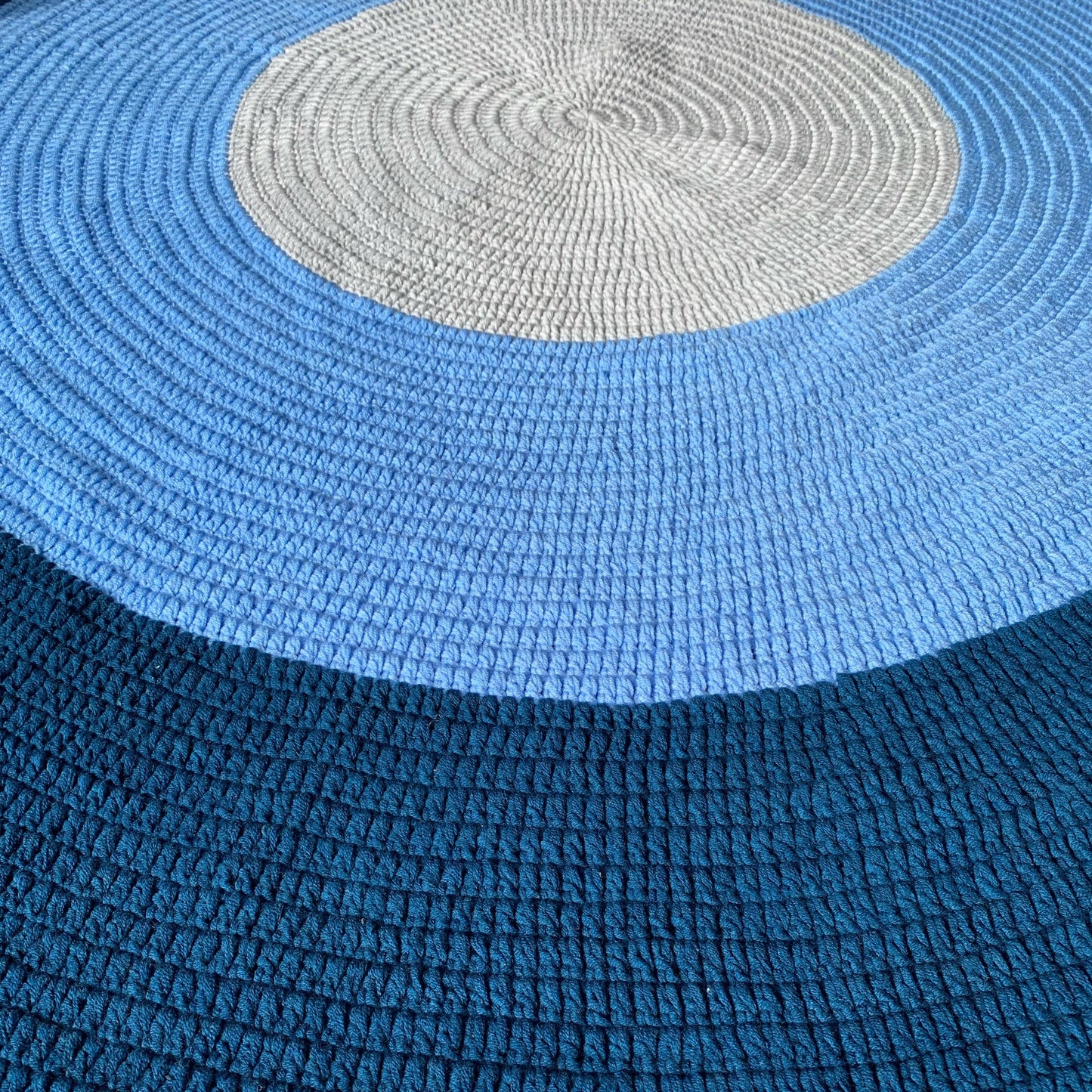 Nursery Round Crochet Rug - Navy Blue, Light Blue + Grey
