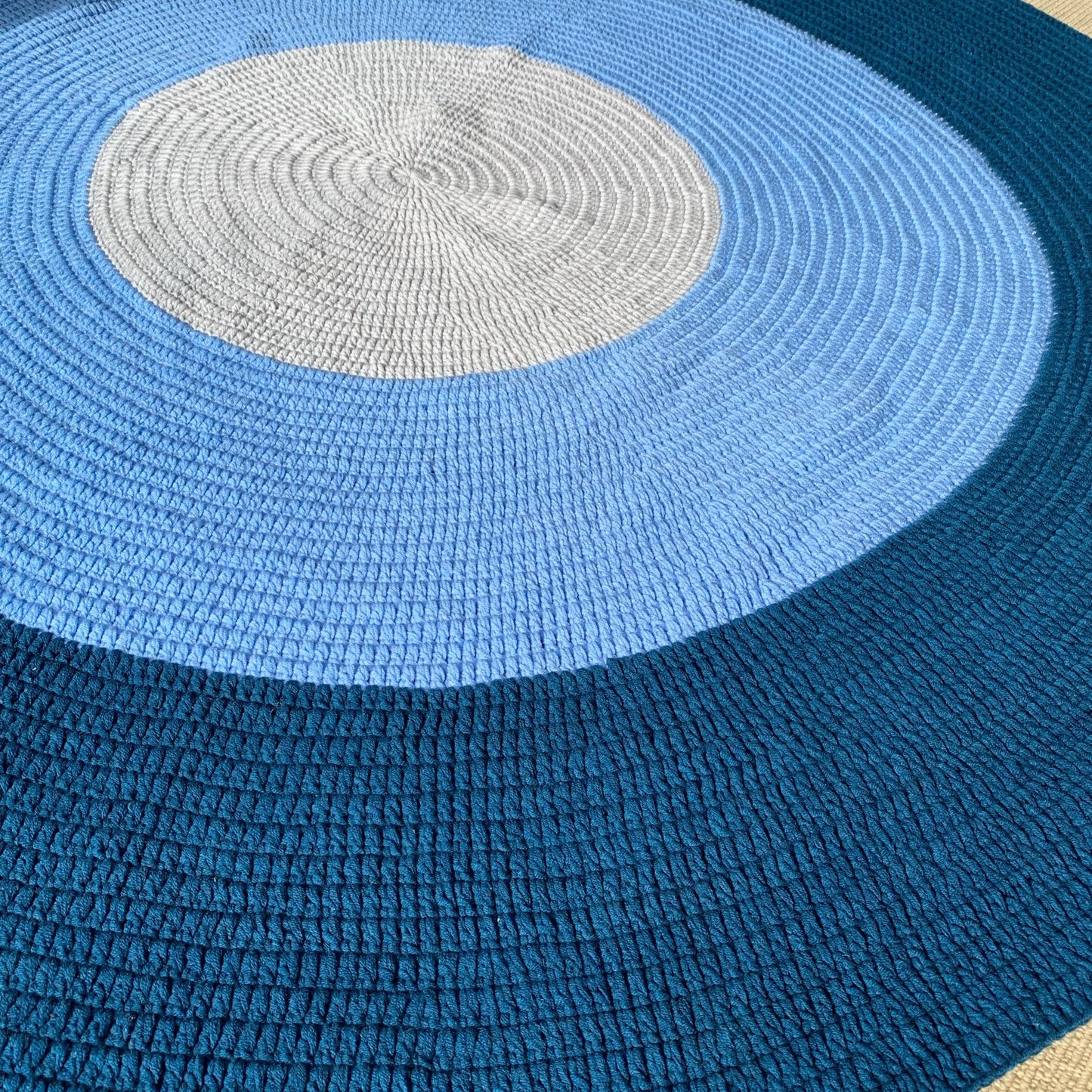 Nursery Round Crochet Rug - Navy Blue, Light Blue + Grey