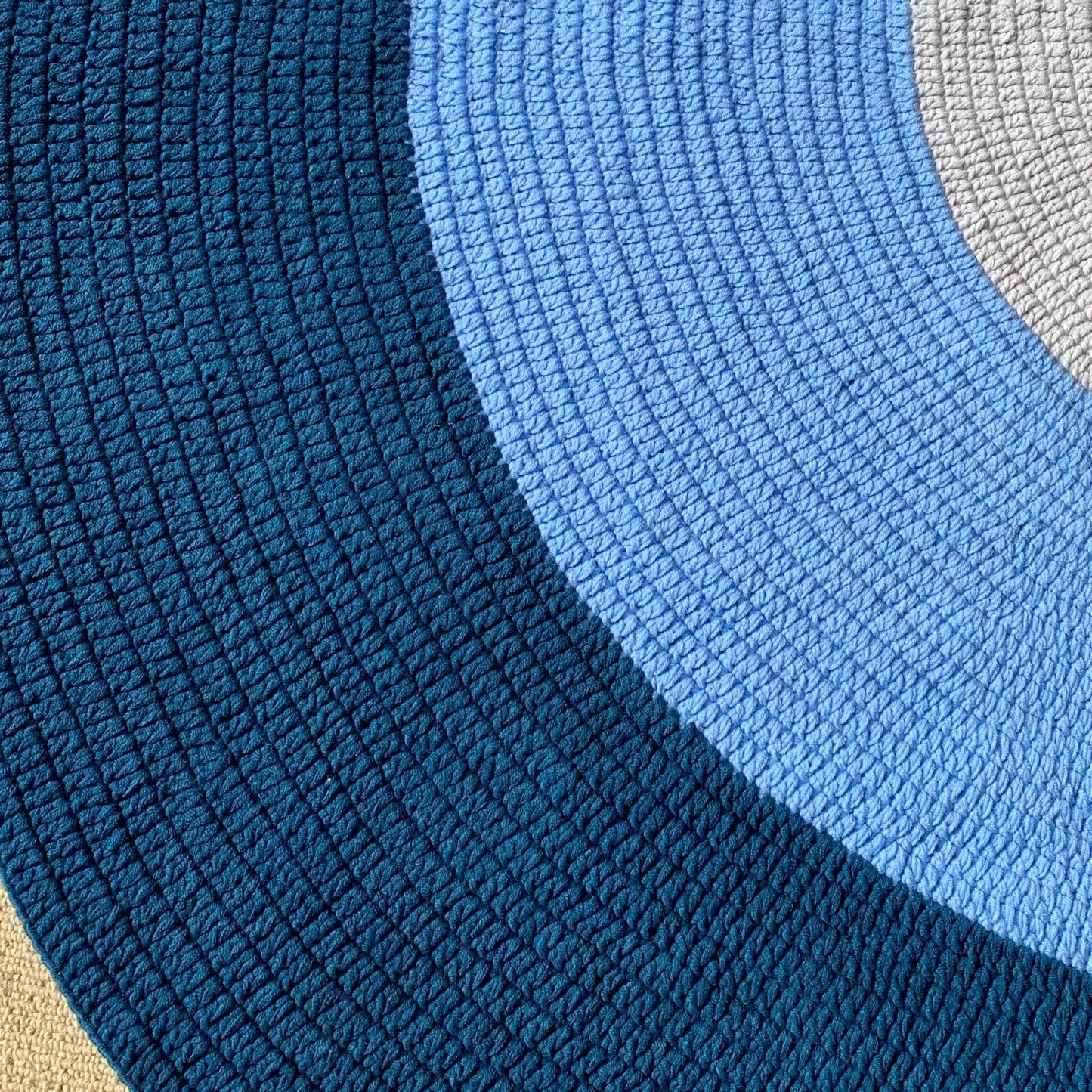 Crochet Rug - Navy Blue, Light Blue + Grey