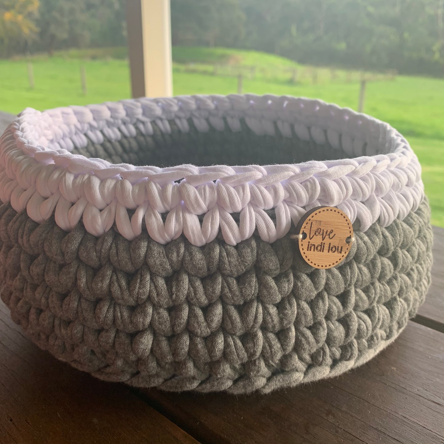 Crochet Storage Basket - Grey + White