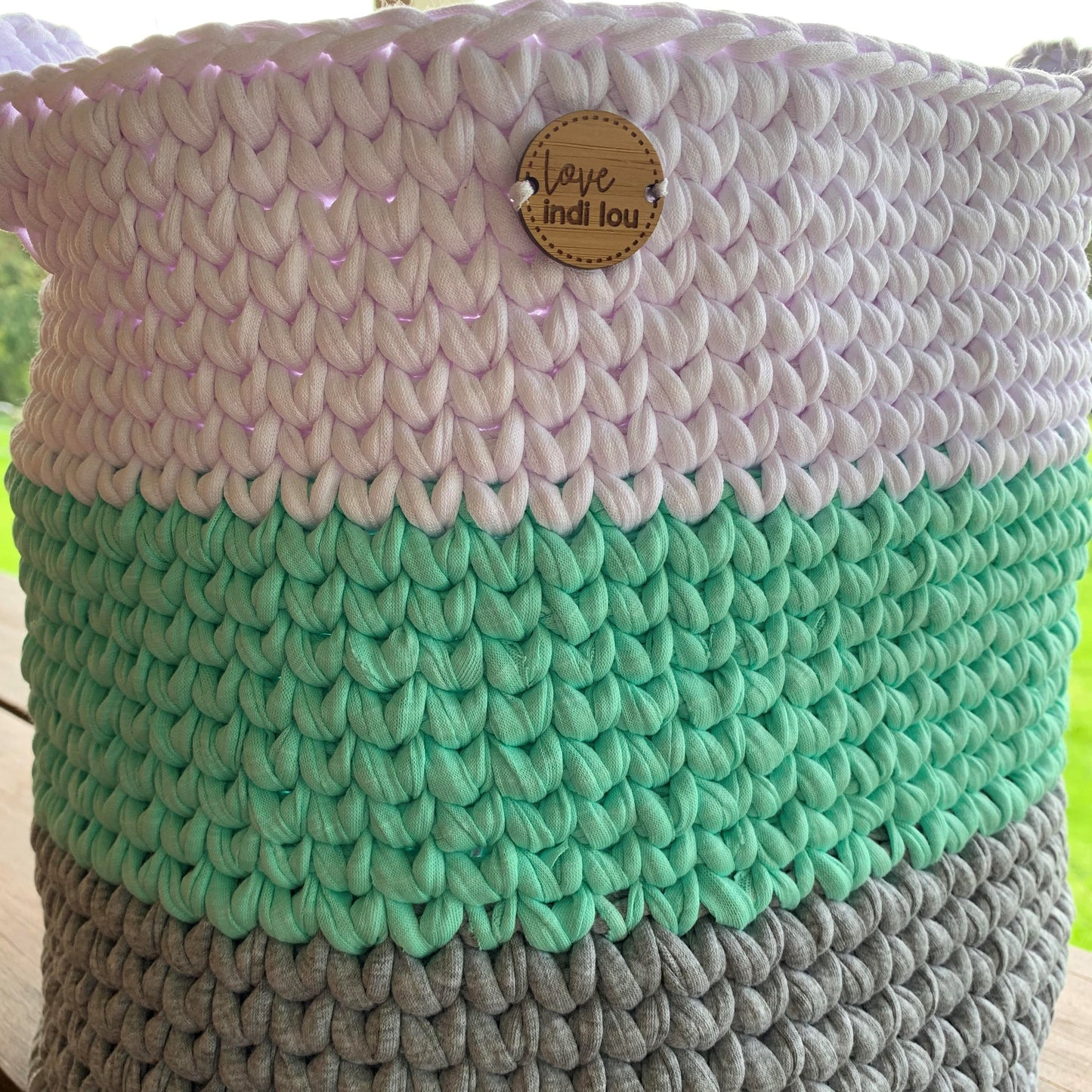 Crochet Storage Basket - Mint, Grey + White