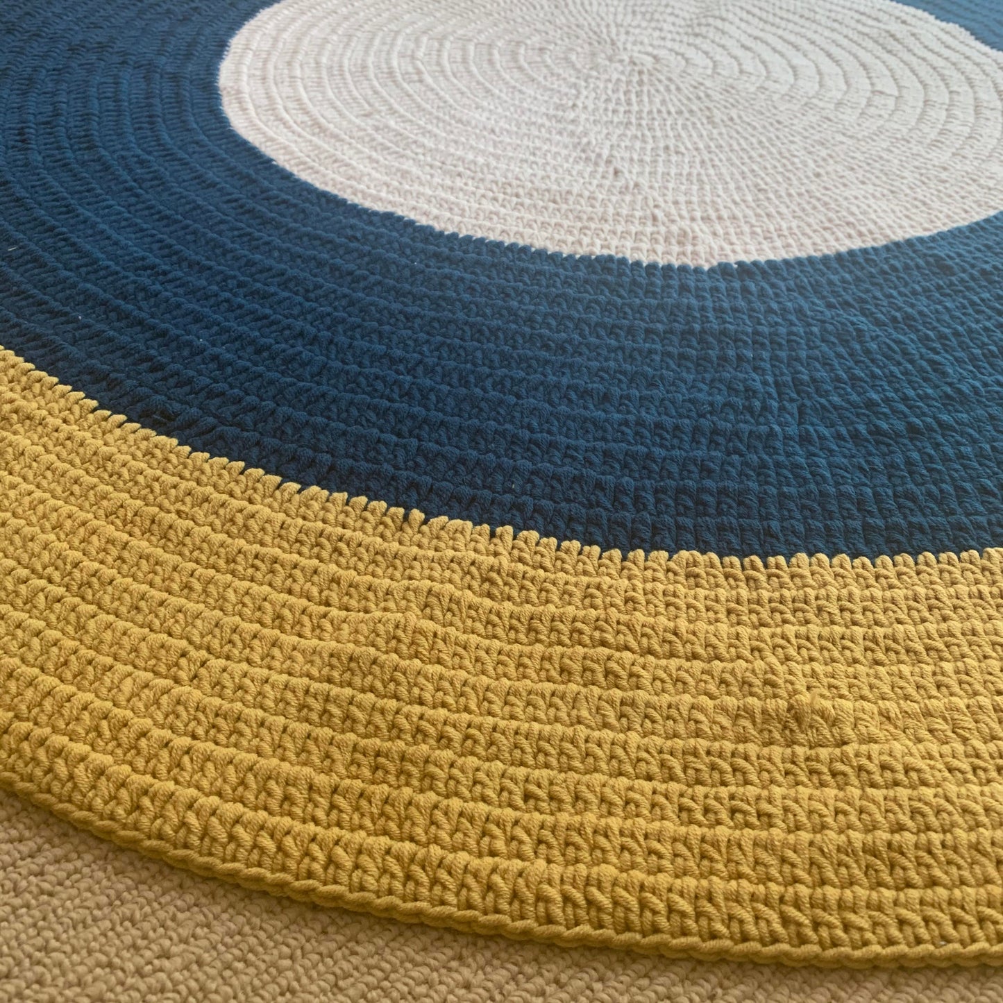 Nursery Round Crochet Rug - Navy Blue, Mustard + Cream