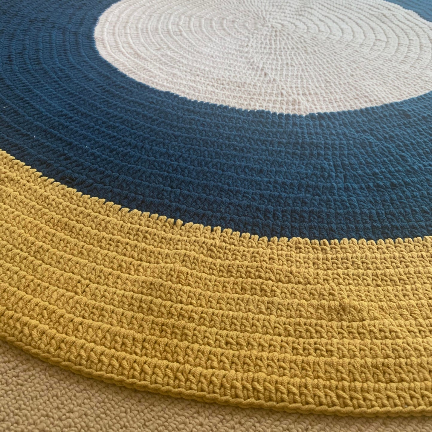 Crochet Rug - Navy Blue, Mustard + Cream