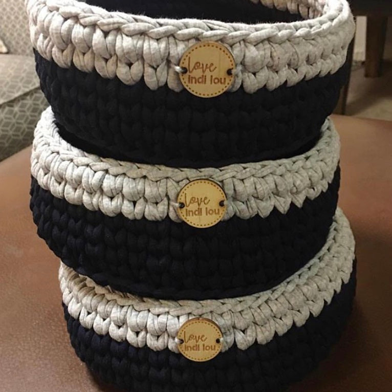 Crochet Storage Basket - Navy Blue + Grey