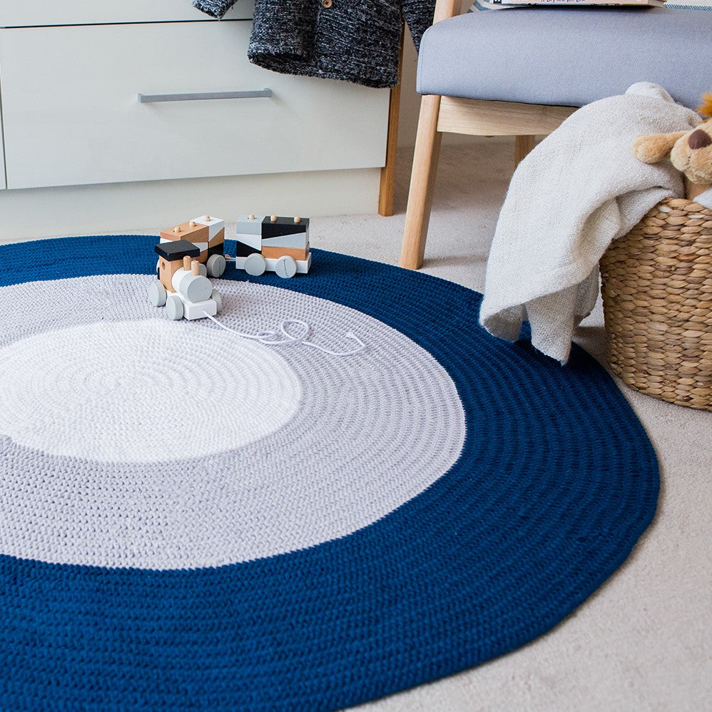 Crochet Rug - Navy Blue, Grey + White
