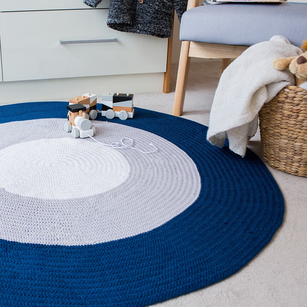 Nursery Round Crochet Rug - Navy Blue, Grey + White