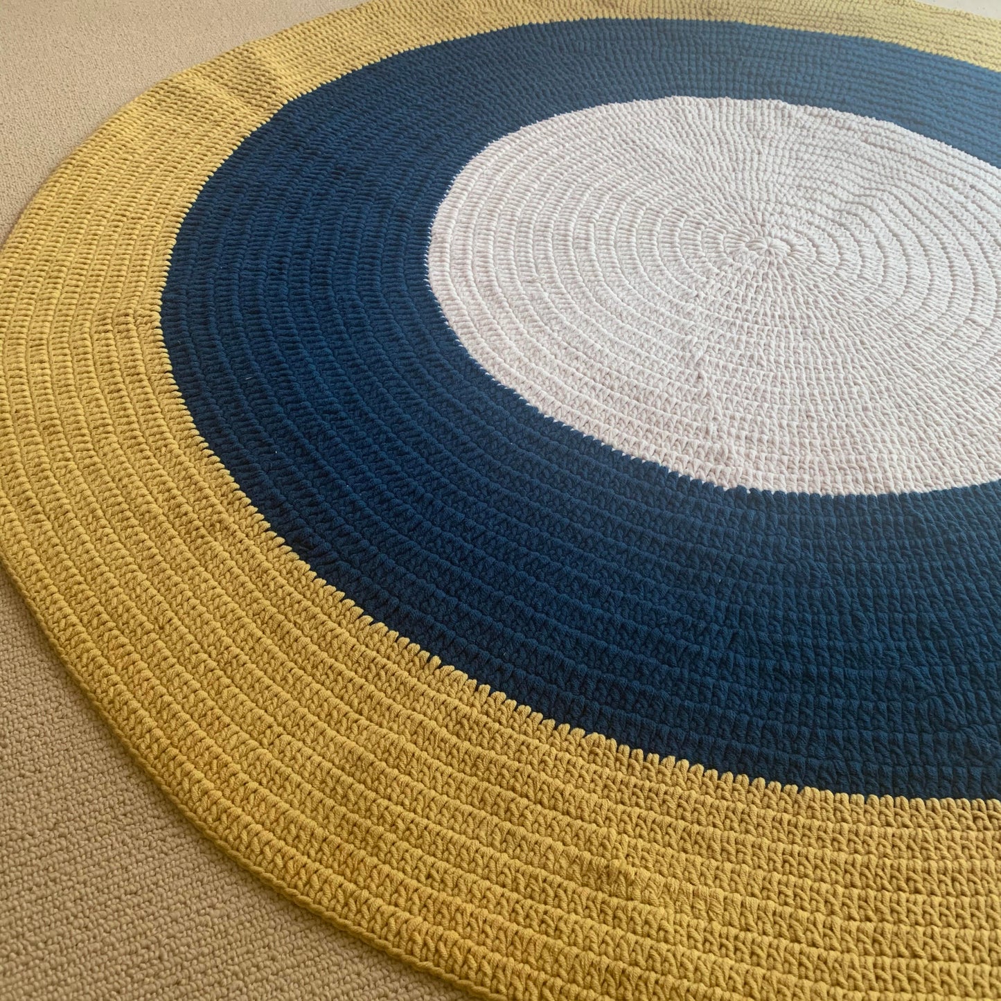 Nursery Round Crochet Rug - Navy Blue, Mustard + Cream