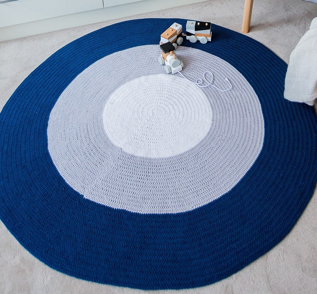 Nursery Round Crochet Rug - Navy Blue, Grey + White