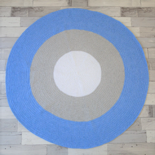 Nursery Round Crochet Rug - Pastel Blue, Grey + White