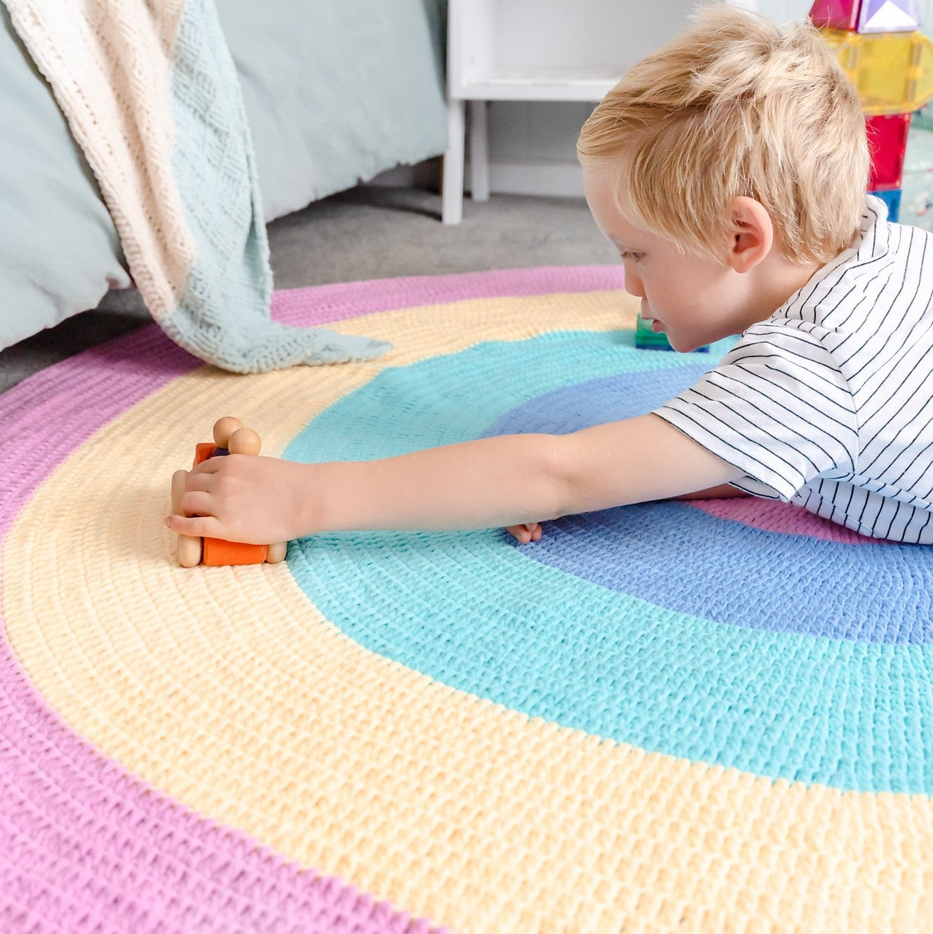 Nursery Round Crochet Rug -  Pastel Purple Rainbow