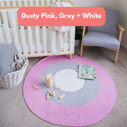 Nursery Round Crochet Rug - Dusty Pink, Grey + White