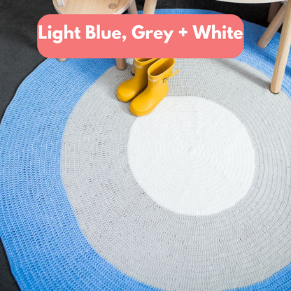 Nursery Round Crochet Rug - Pastel Blue, Grey + White