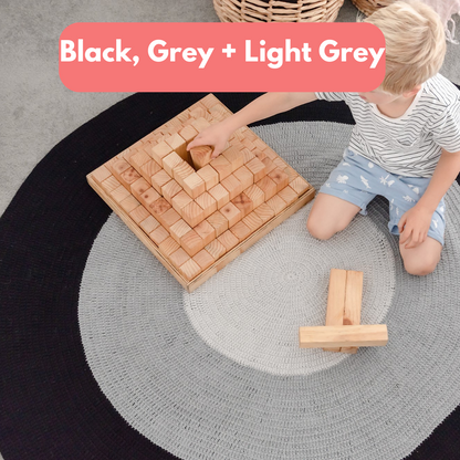 Nursery Round Crochet Rug - Black, Grey + Light Grey