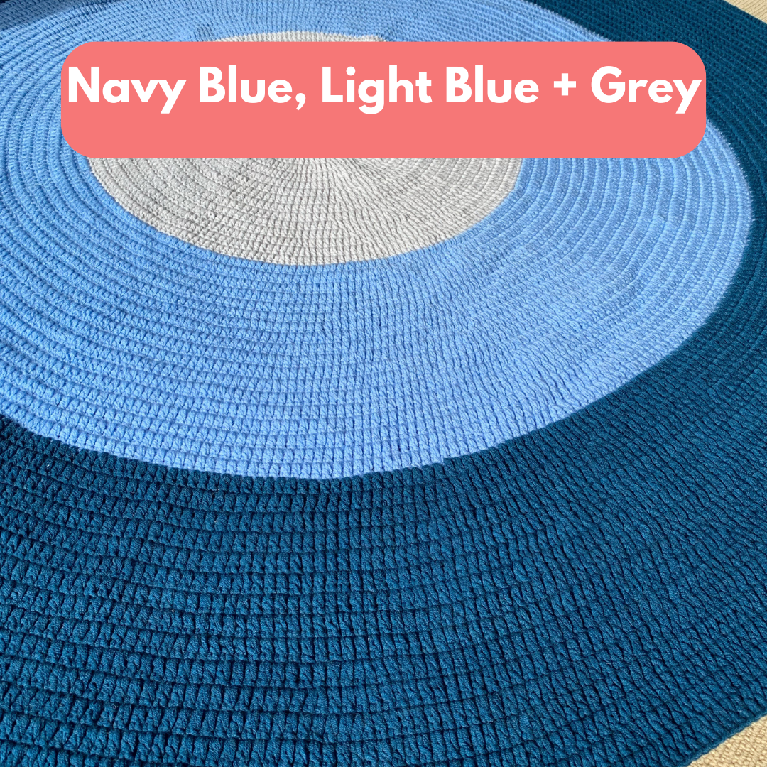 Nursery Round Crochet Rug - Navy Blue, Light Blue + Grey