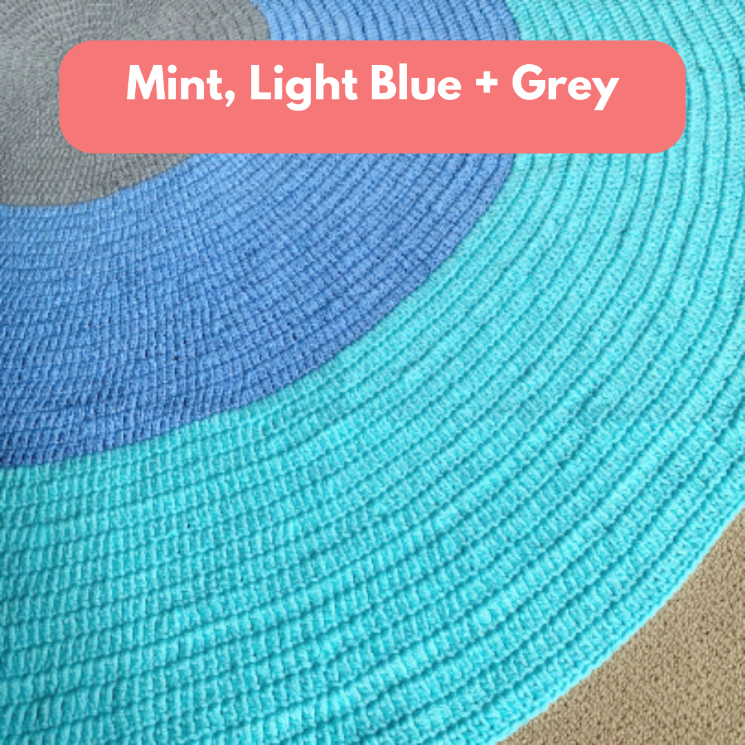 Nursery Round Crochet Rug - Mint, Blue + Grey
