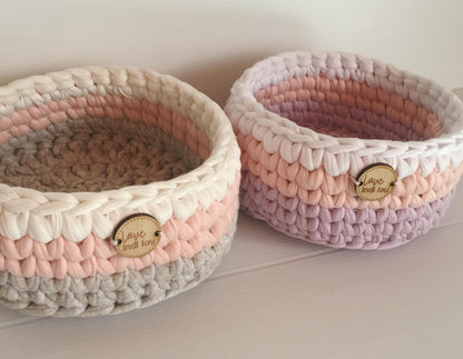 Crochet Storage Basket - Blush Pink, Grey + White