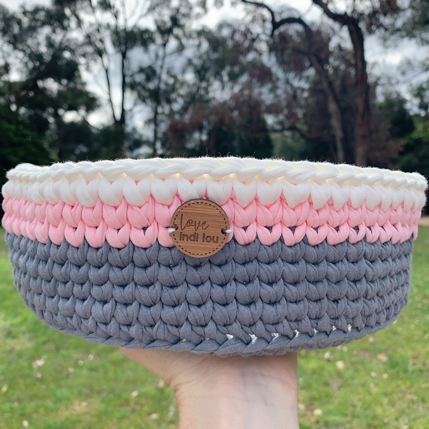 Crochet Storage Basket - Blush Pink, Grey + White