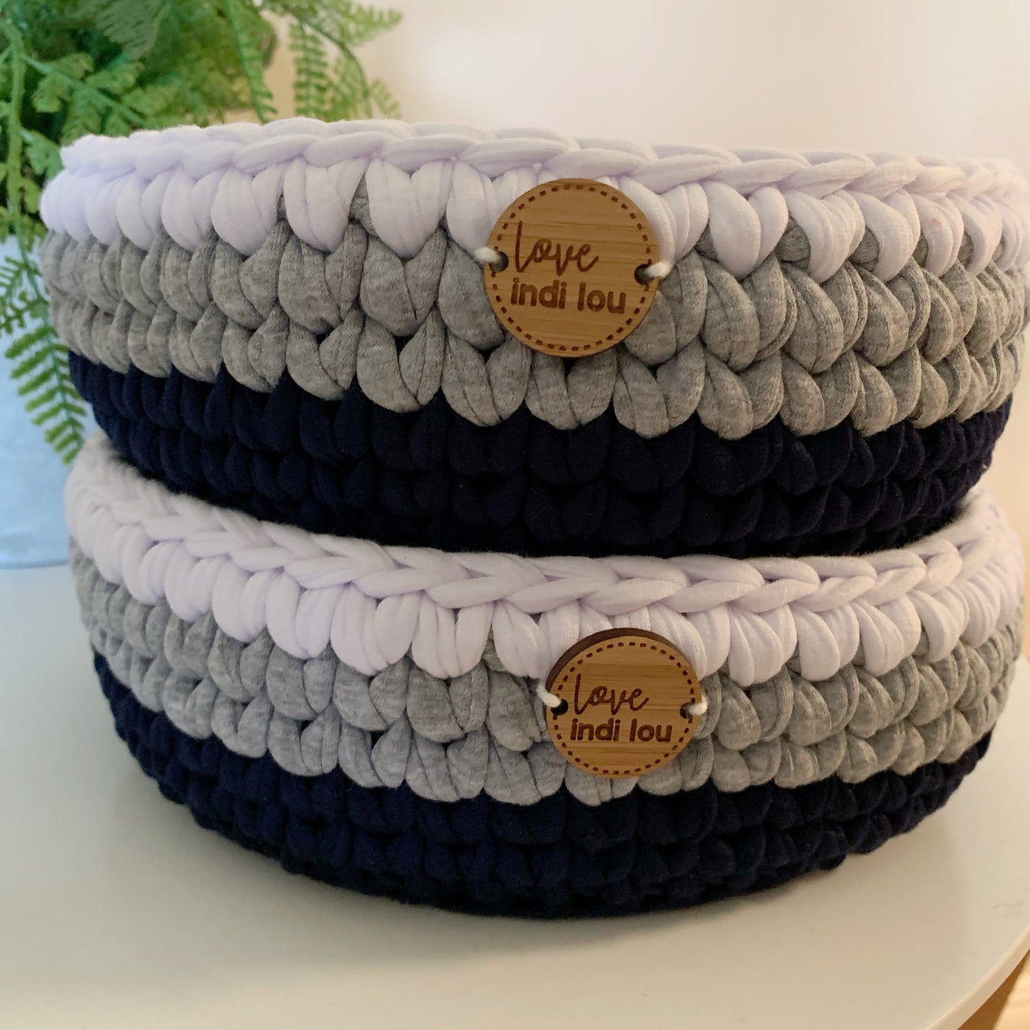 Crochet Storage Basket - Navy Blue, Grey + White