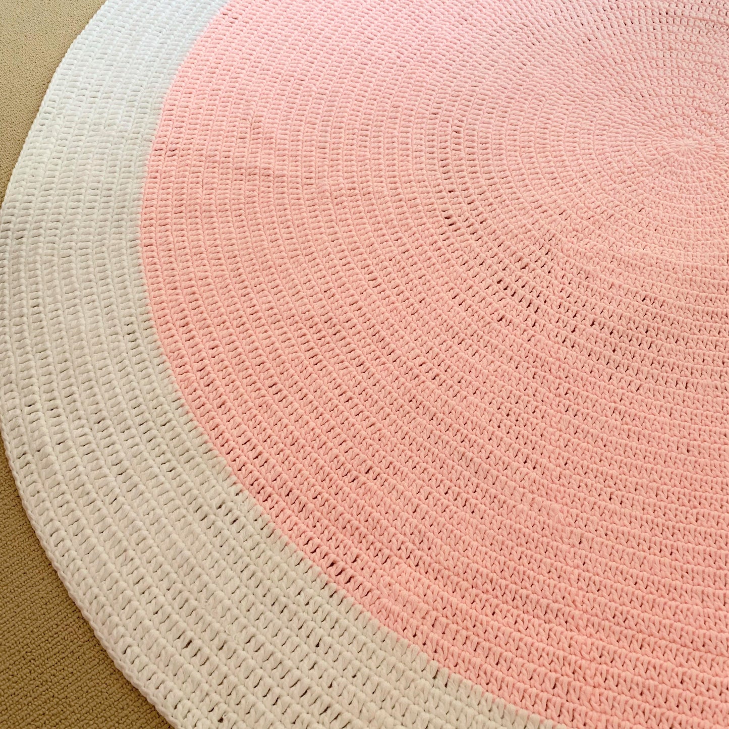 Nursery Round Crochet Rug - Blush Pink + White