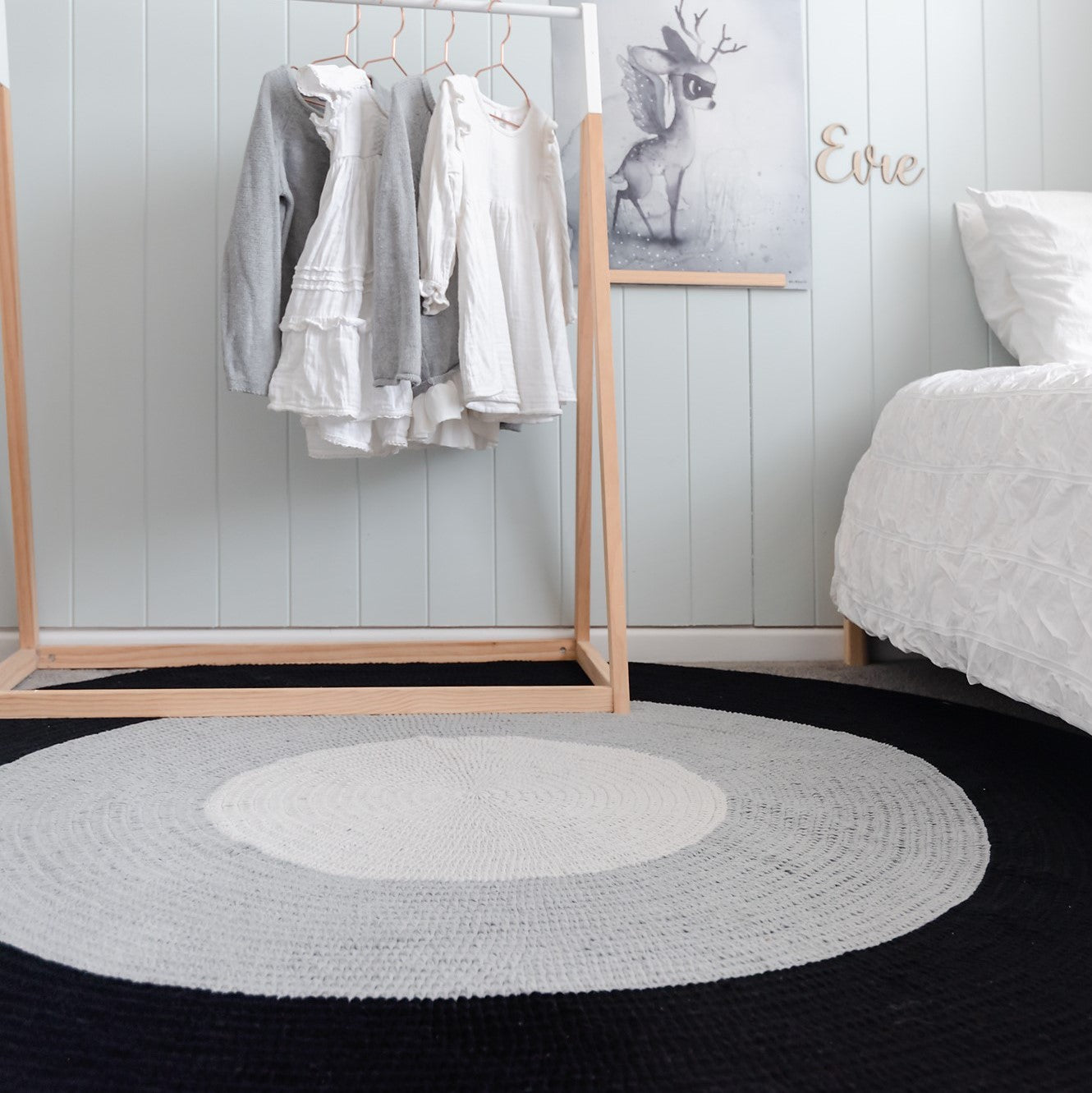 Nursery Round Crochet Rug - Black, Grey + Light Grey