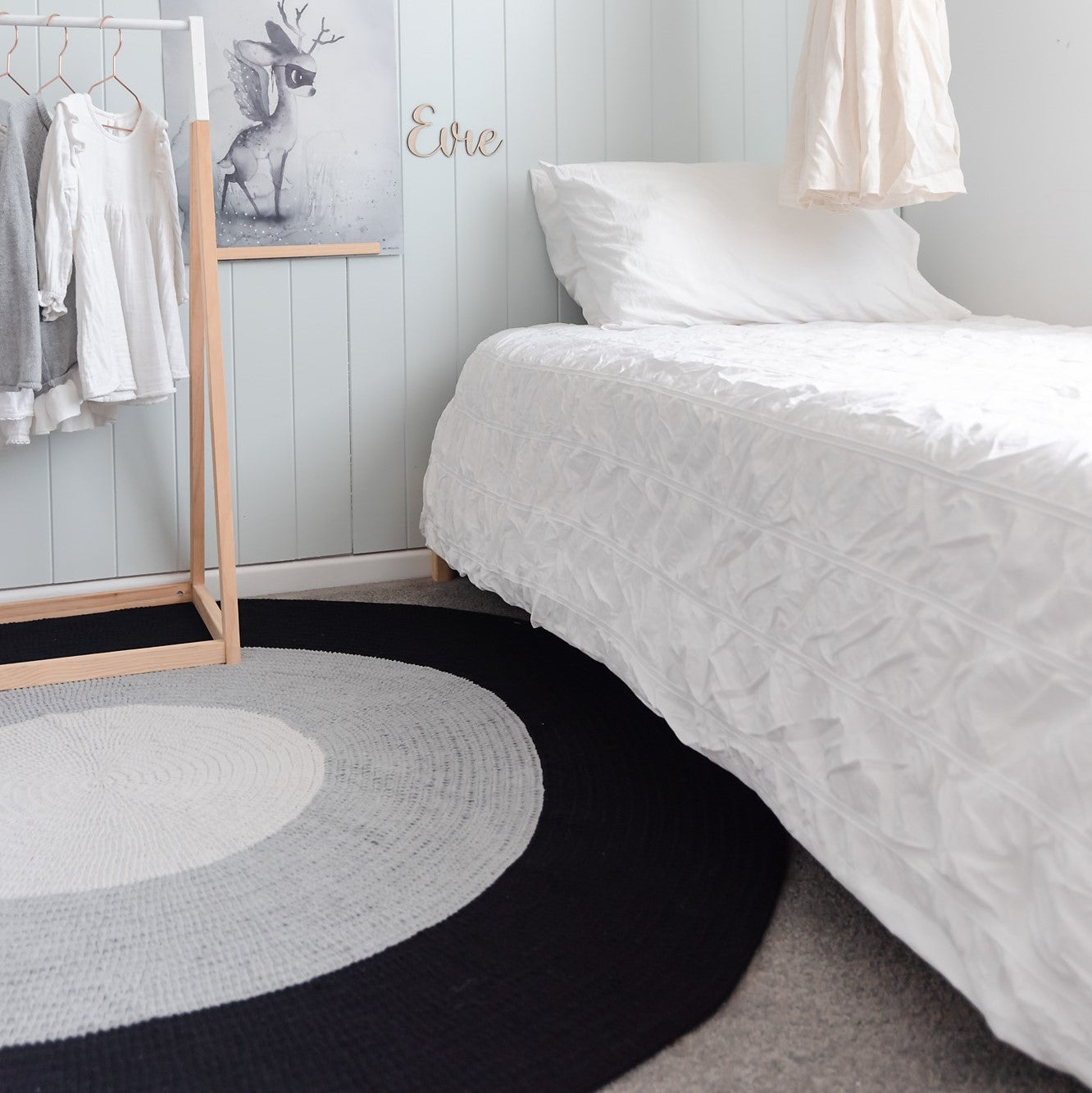 Nursery Round Crochet Rug - Black, Grey + Light Grey