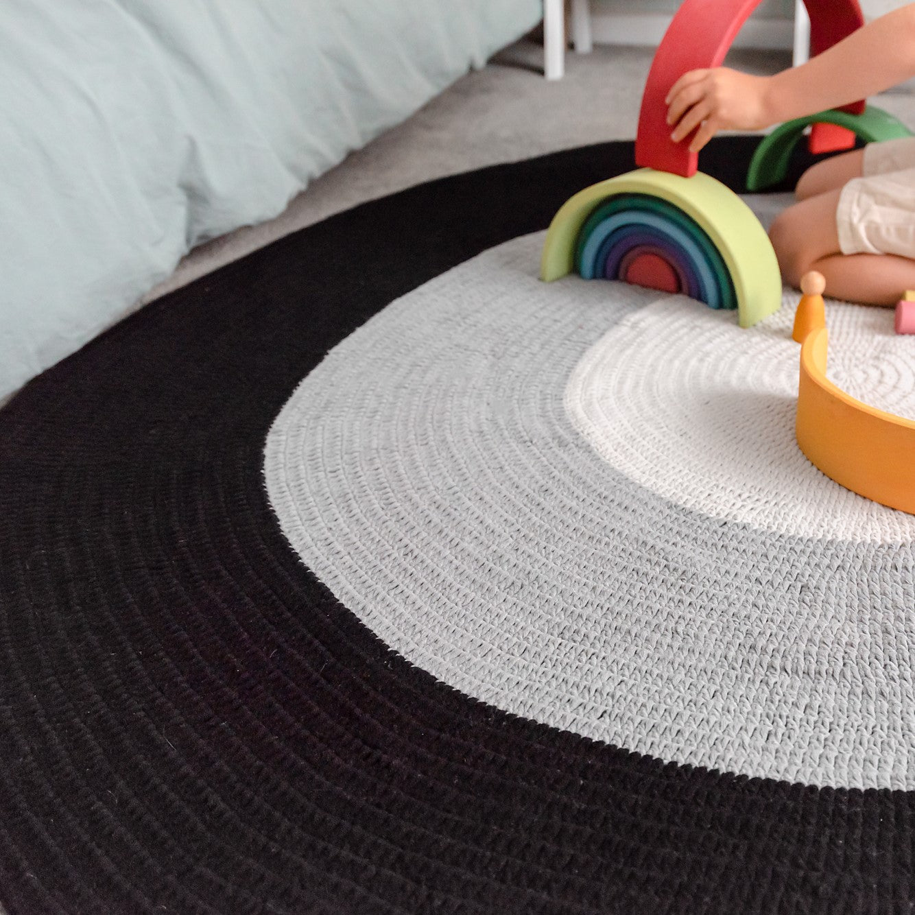 Nursery Round Crochet Rug - Black, Grey + Light Grey