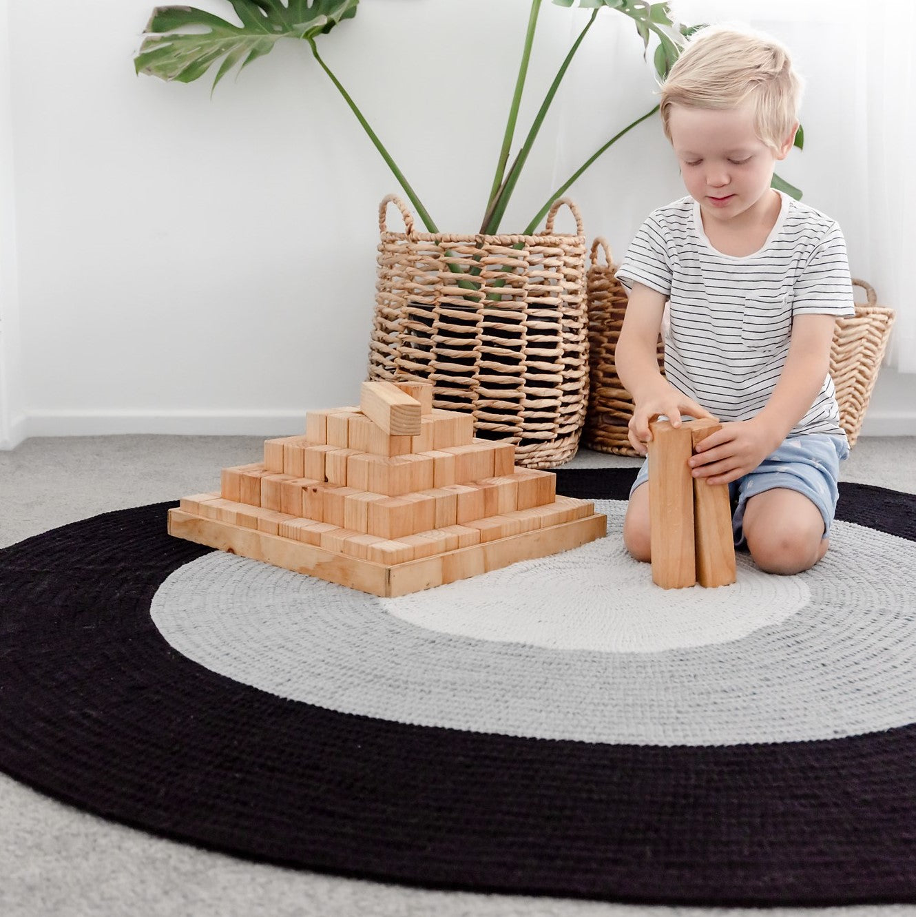 Nursery Round Crochet Rug - Black, Grey + Light Grey