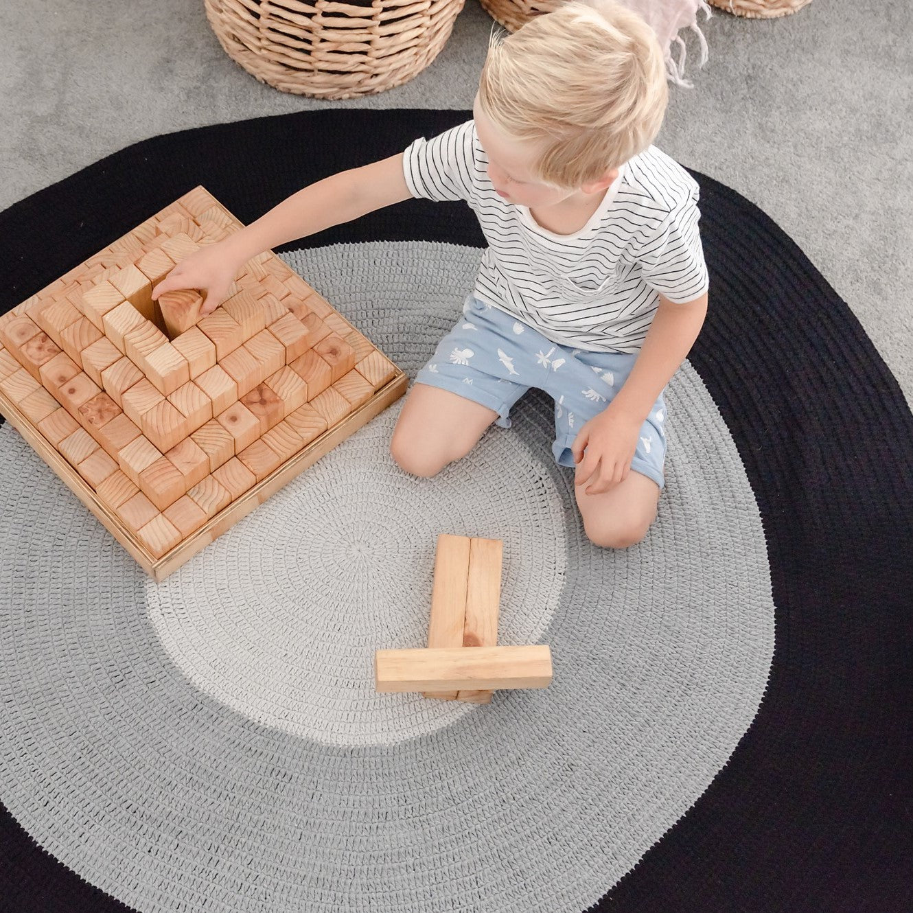 Nursery Round Crochet Rug - Black, Grey + Light Grey