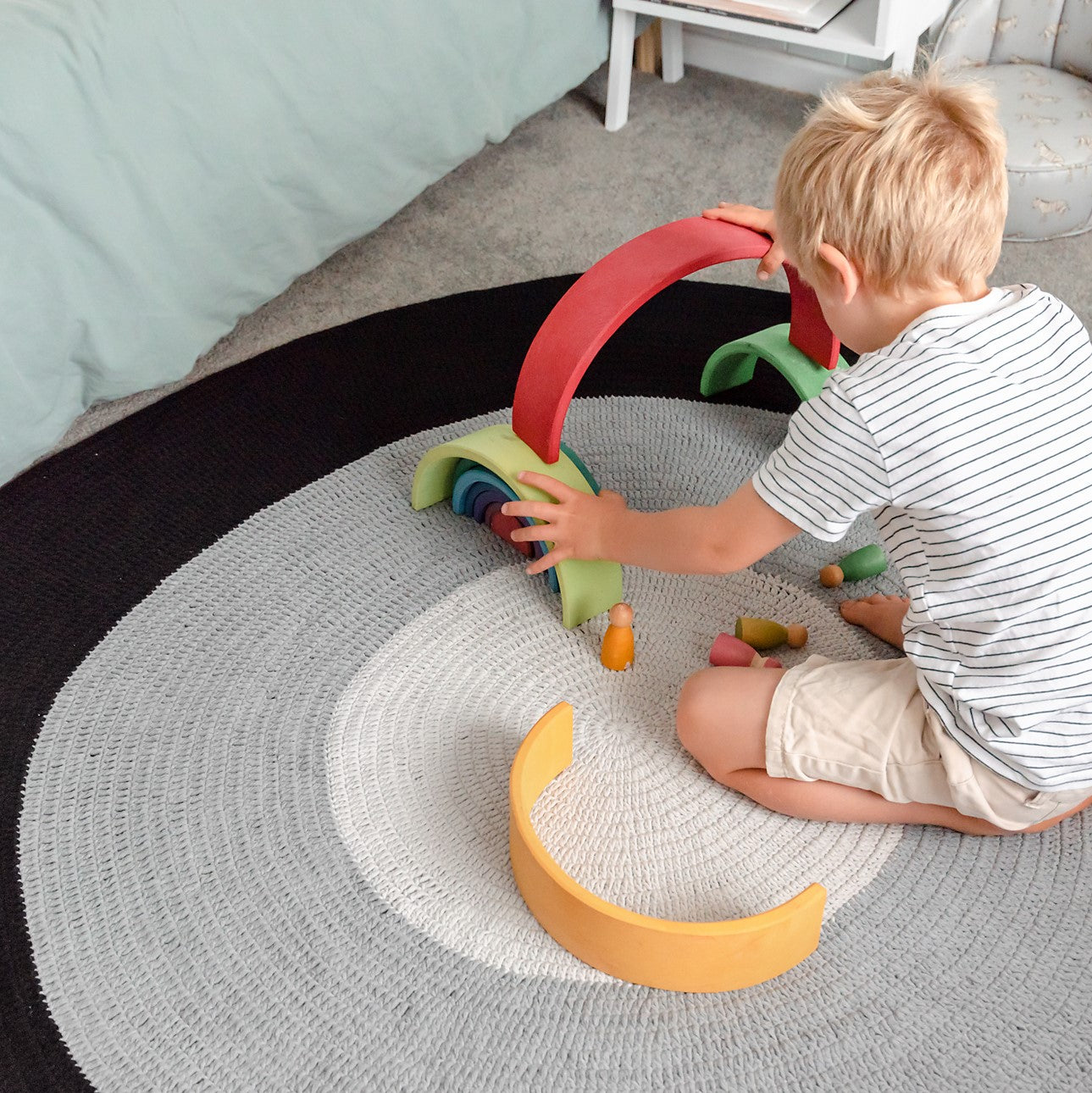 Nursery Round Crochet Rug - Black, Grey + Light Grey