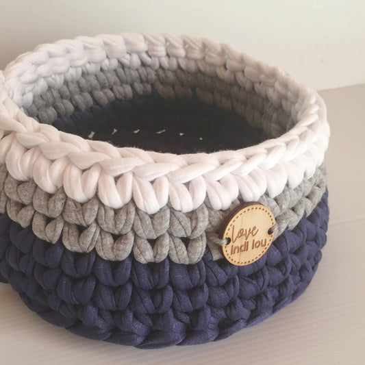 Crochet Storage Basket - Navy Blue, Grey + White