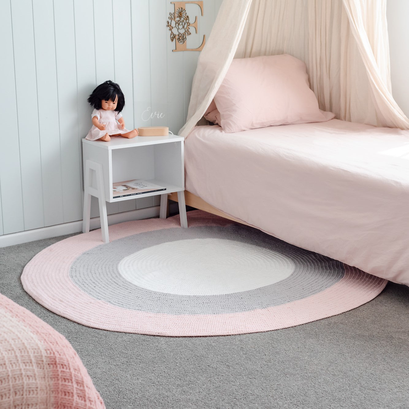 Nursery Round Crochet Rug - Pink, Grey + White