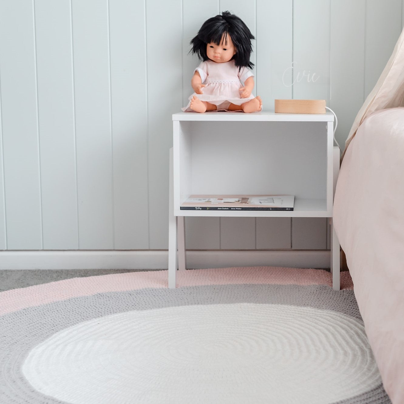 Nursery Round Crochet Rug - Pink, Grey + White