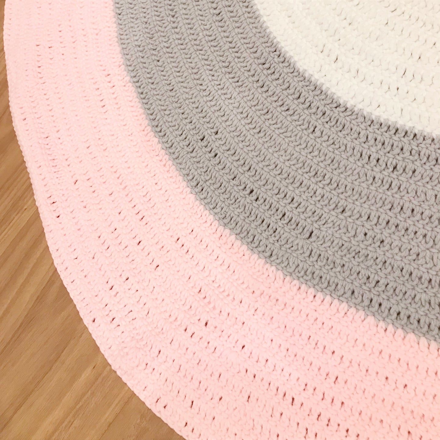 Nursery Round Crochet Rug - Blush Pink, Grey + White