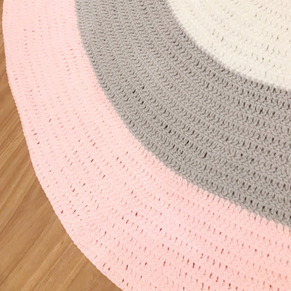 Nursery Round Crochet Rug - Pink, Grey + White