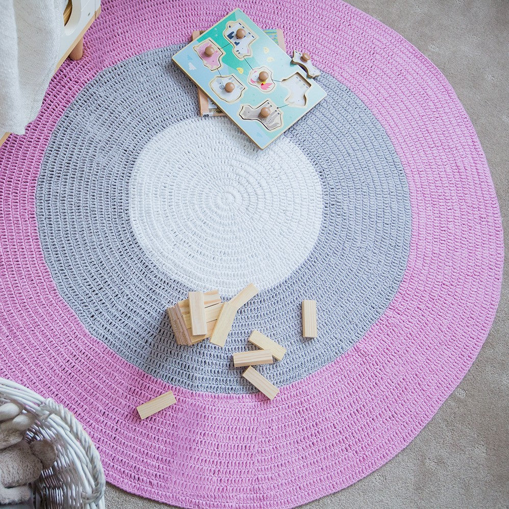 Nursery Round Crochet Rug - Dusty Pink, Grey + White