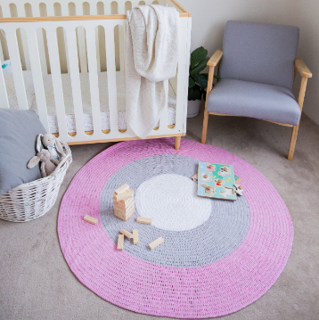 Nursery Round Crochet Rug - Dusty Pink, Grey + White