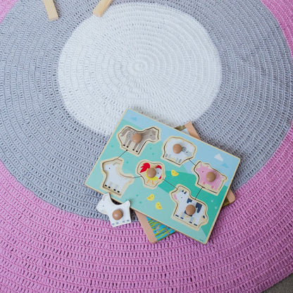 Nursery Round Crochet Rug - Dusty Pink, Grey + White