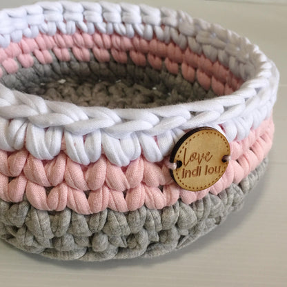 Crochet Storage Basket - Blush Pink, Grey + White