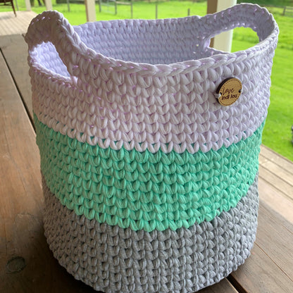 Crochet Storage Basket - Mint, Grey + White